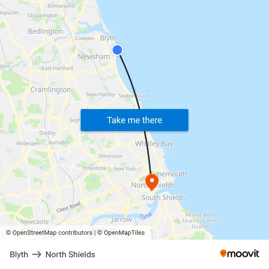 Blyth to North Shields map