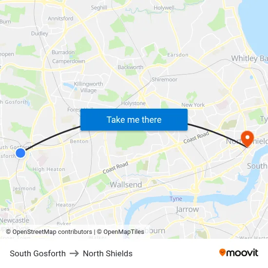 South Gosforth to North Shields map