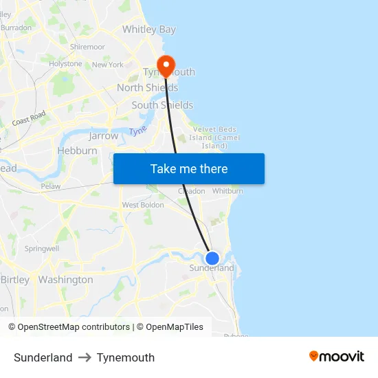Sunderland to Tynemouth map