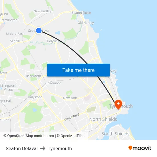 Seaton Delaval to Tynemouth map