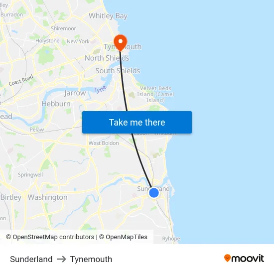Sunderland to Tynemouth map