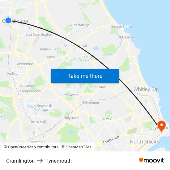 Cramlington to Tynemouth map