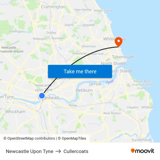 Newcastle Upon Tyne to Cullercoats map