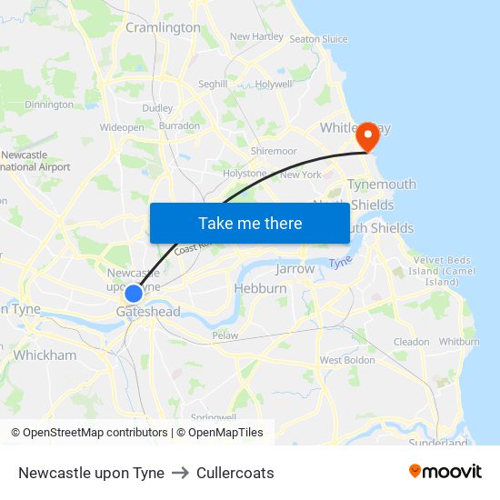 Newcastle upon Tyne to Cullercoats map