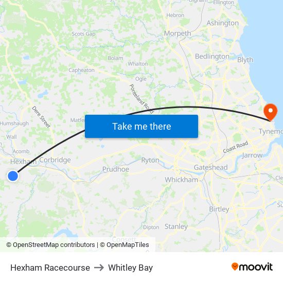 Hexham Racecourse to Whitley Bay map