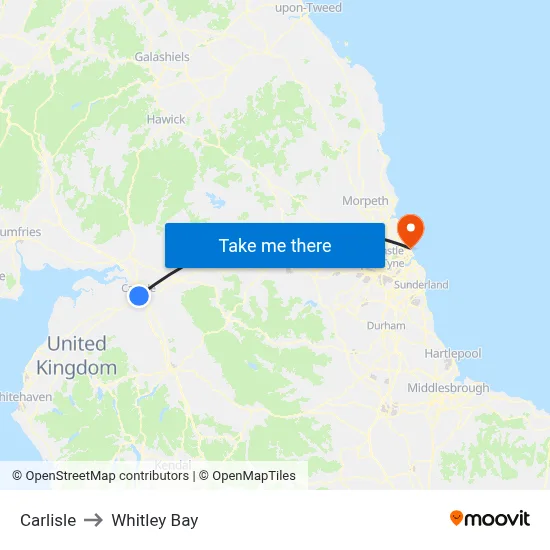 Carlisle to Whitley Bay map