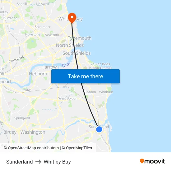 Sunderland to Whitley Bay map