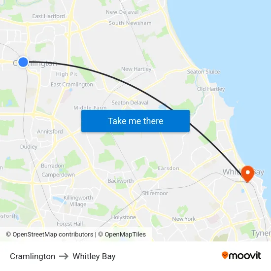 Cramlington to Whitley Bay map