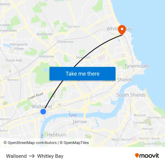 Wallsend to Whitley Bay map