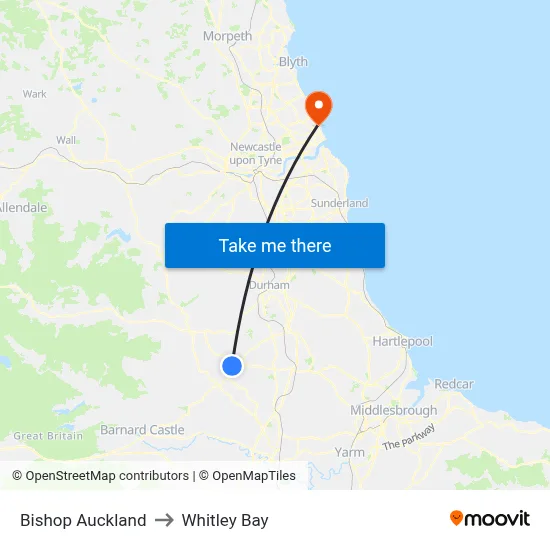 Bishop Auckland to Whitley Bay map