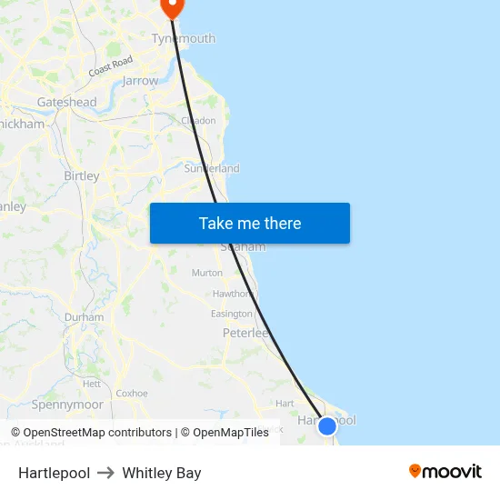 Hartlepool to Whitley Bay map