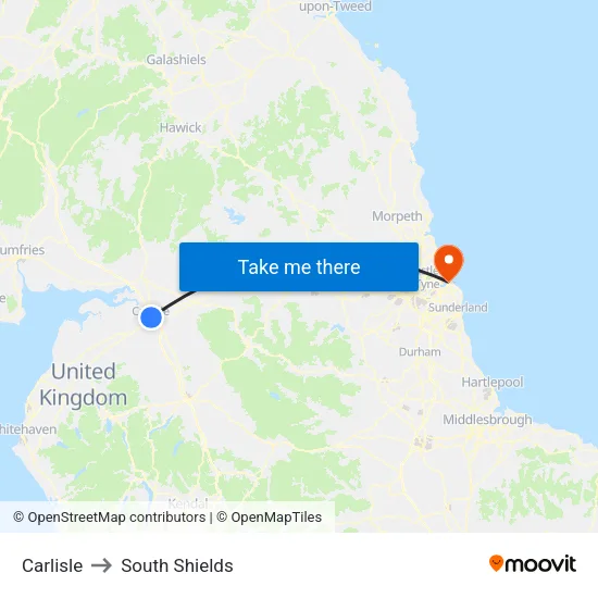 Carlisle to South Shields map