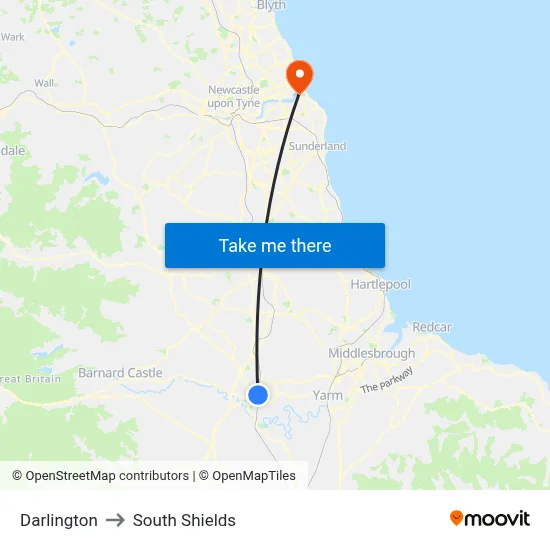 Darlington to South Shields map