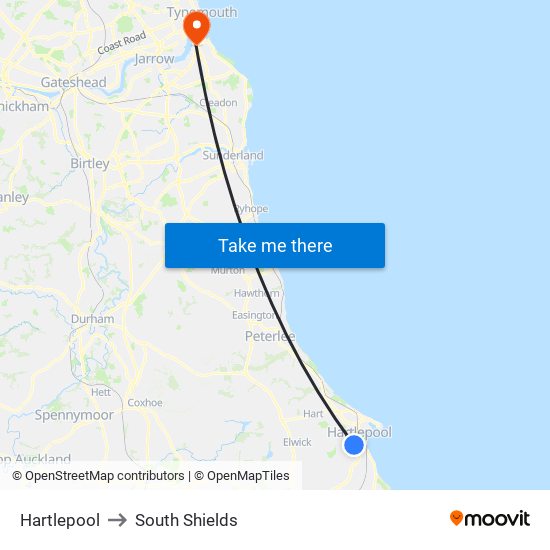 Hartlepool to South Shields map