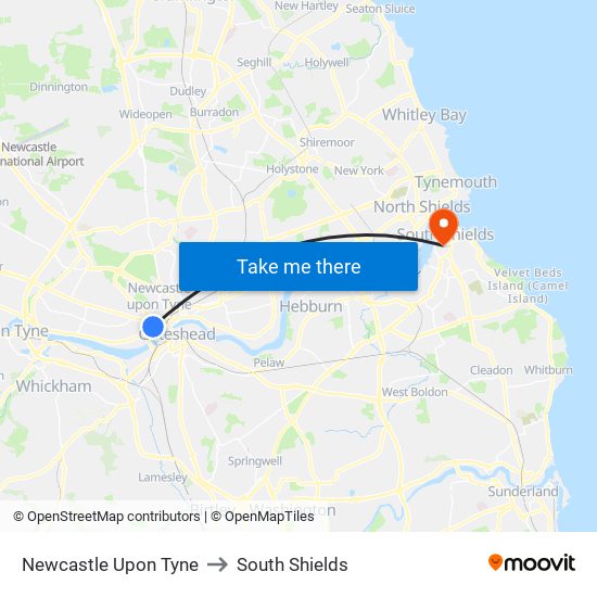 Newcastle Upon Tyne to South Shields map