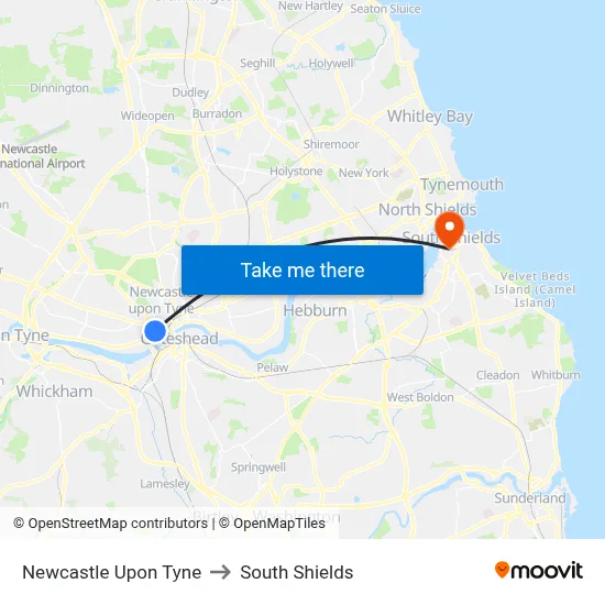 Newcastle Upon Tyne to South Shields map
