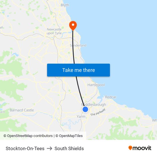 Stockton-On-Tees to South Shields map