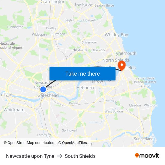 Newcastle upon Tyne to South Shields map