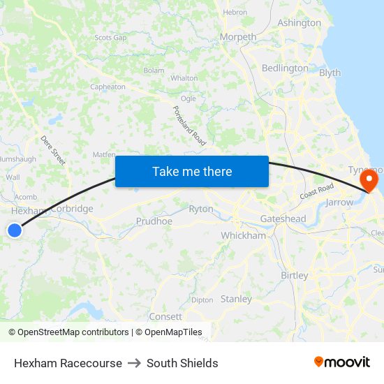 Hexham Racecourse to South Shields map