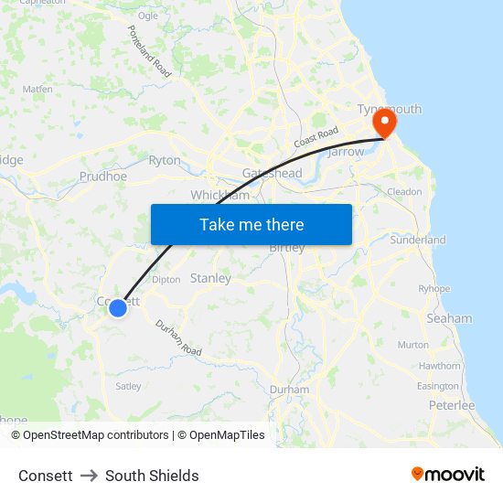 Consett to South Shields map