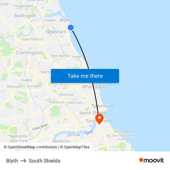 Blyth to South Shields map