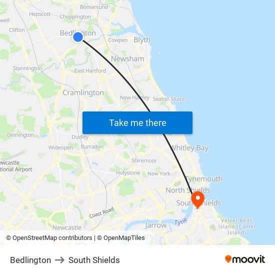 Bedlington to South Shields map