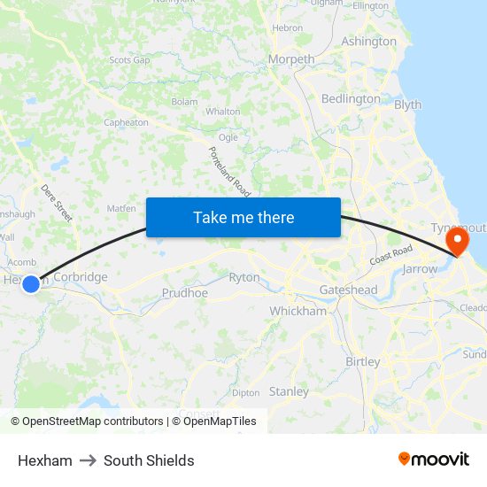 Hexham to South Shields map