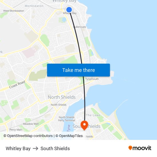 Whitley Bay to South Shields map