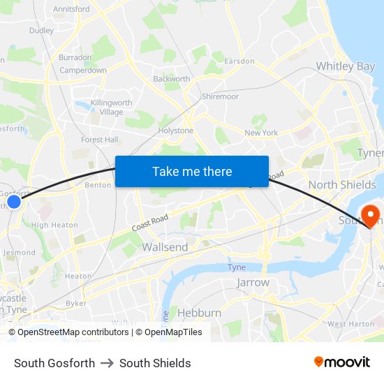 South Gosforth to South Shields map