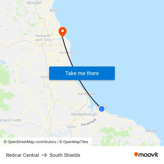 Redcar Central to South Shields map