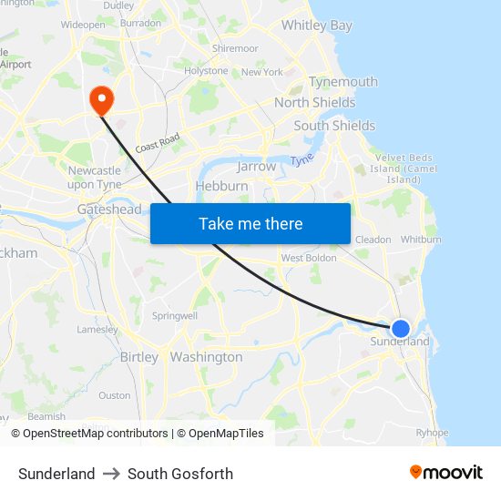 Sunderland to South Gosforth map