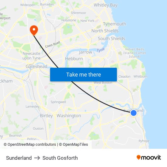 Sunderland to South Gosforth map
