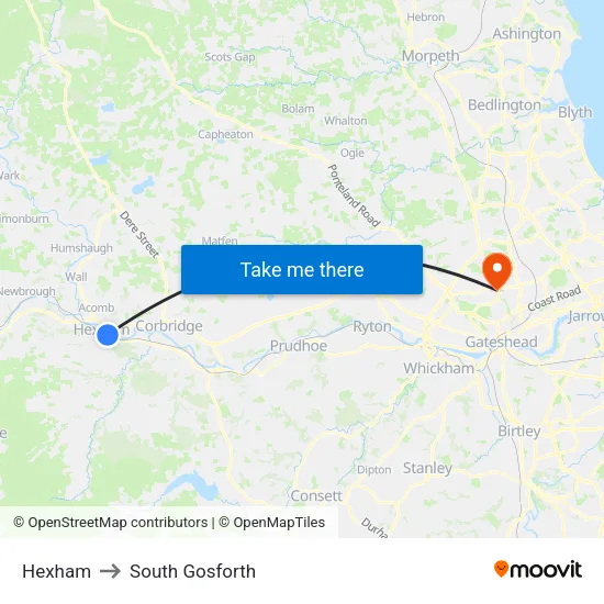 Hexham to South Gosforth map