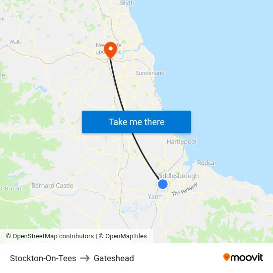 Stockton-On-Tees to Gateshead map