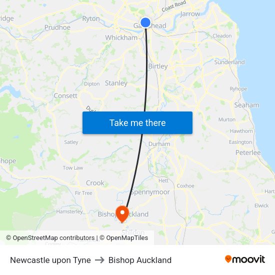 Newcastle upon Tyne to Bishop Auckland map