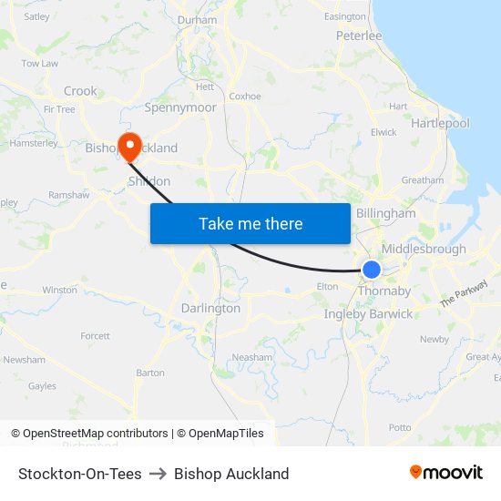 Stockton-On-Tees to Bishop Auckland map