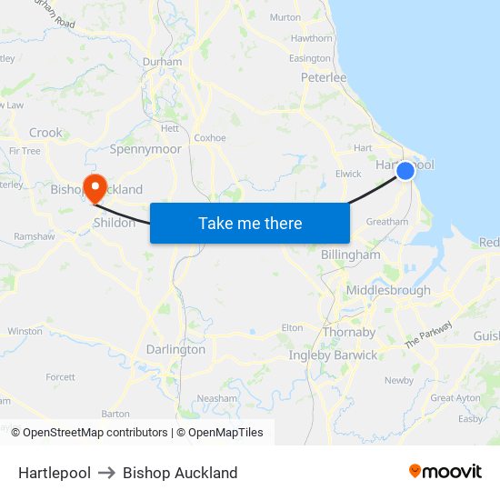 Hartlepool to Bishop Auckland map