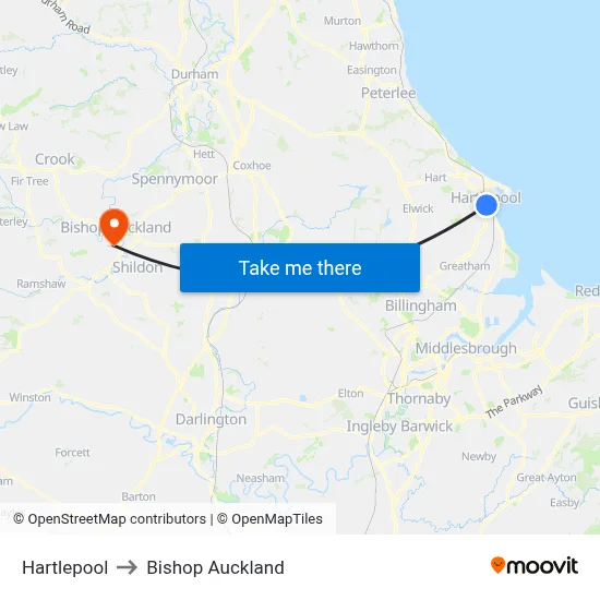 Hartlepool to Bishop Auckland map