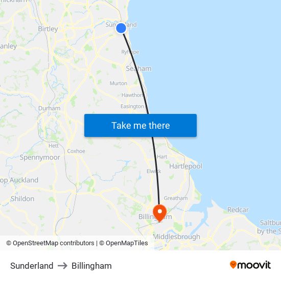 Sunderland to Billingham map