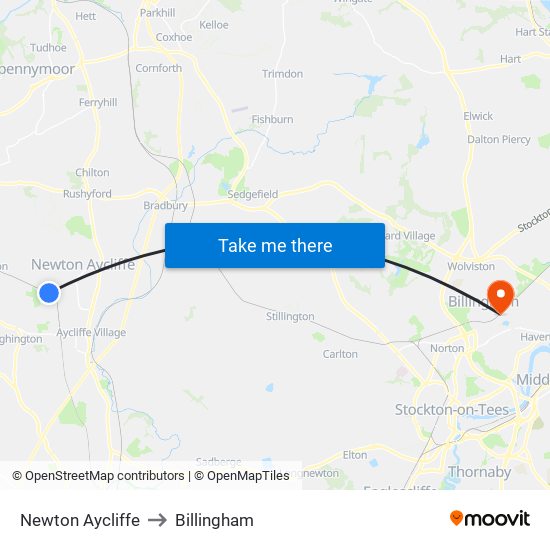 Newton Aycliffe to Billingham map