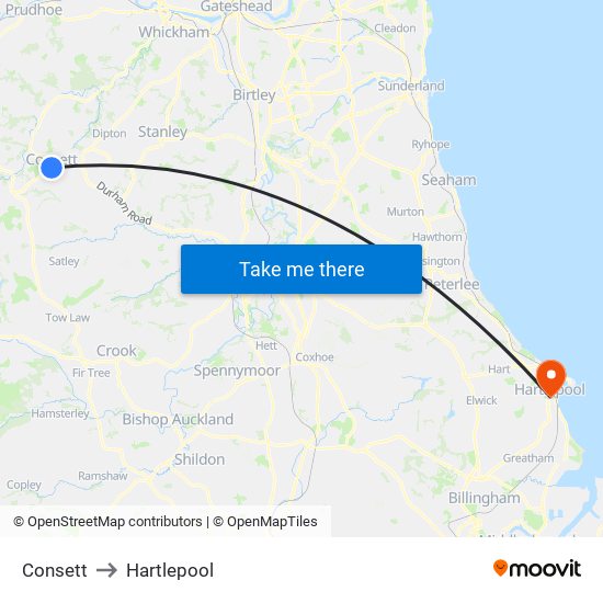 Consett to Hartlepool map