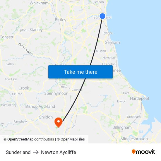 Sunderland to Newton Aycliffe map