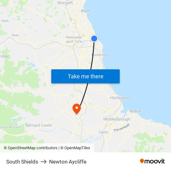 South Shields to Newton Aycliffe map