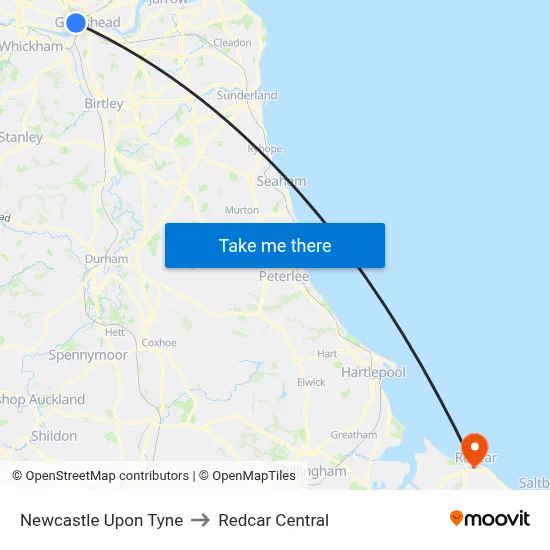 Newcastle Upon Tyne to Redcar Central map
