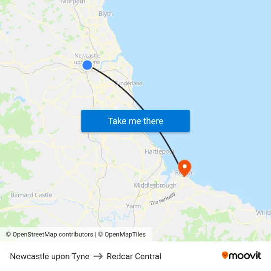 Newcastle upon Tyne to Redcar Central map