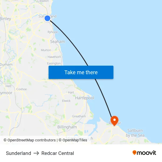 Sunderland to Redcar Central map