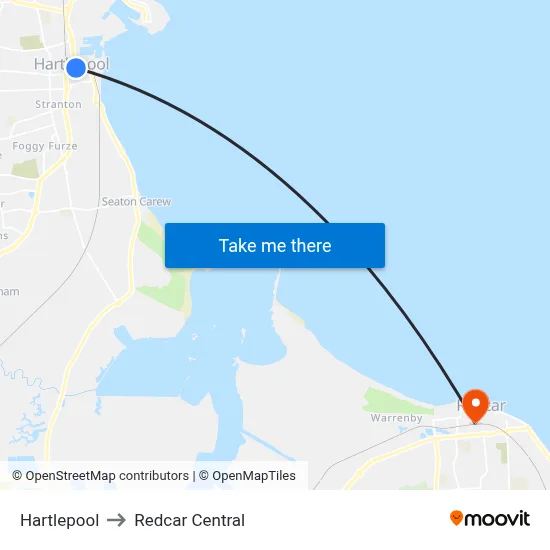 Hartlepool to Redcar Central map