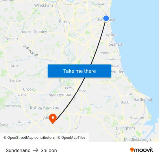 Sunderland to Shildon map