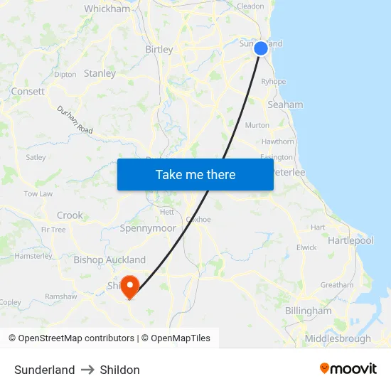 Sunderland to Shildon map