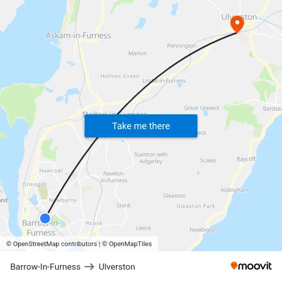 Barrow-In-Furness to Ulverston map